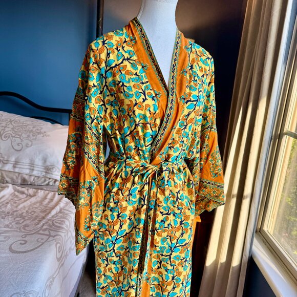 Yellow Orange and Blue Floral Boho 100% Cotton Kimono Robe - Picture 2 of 13